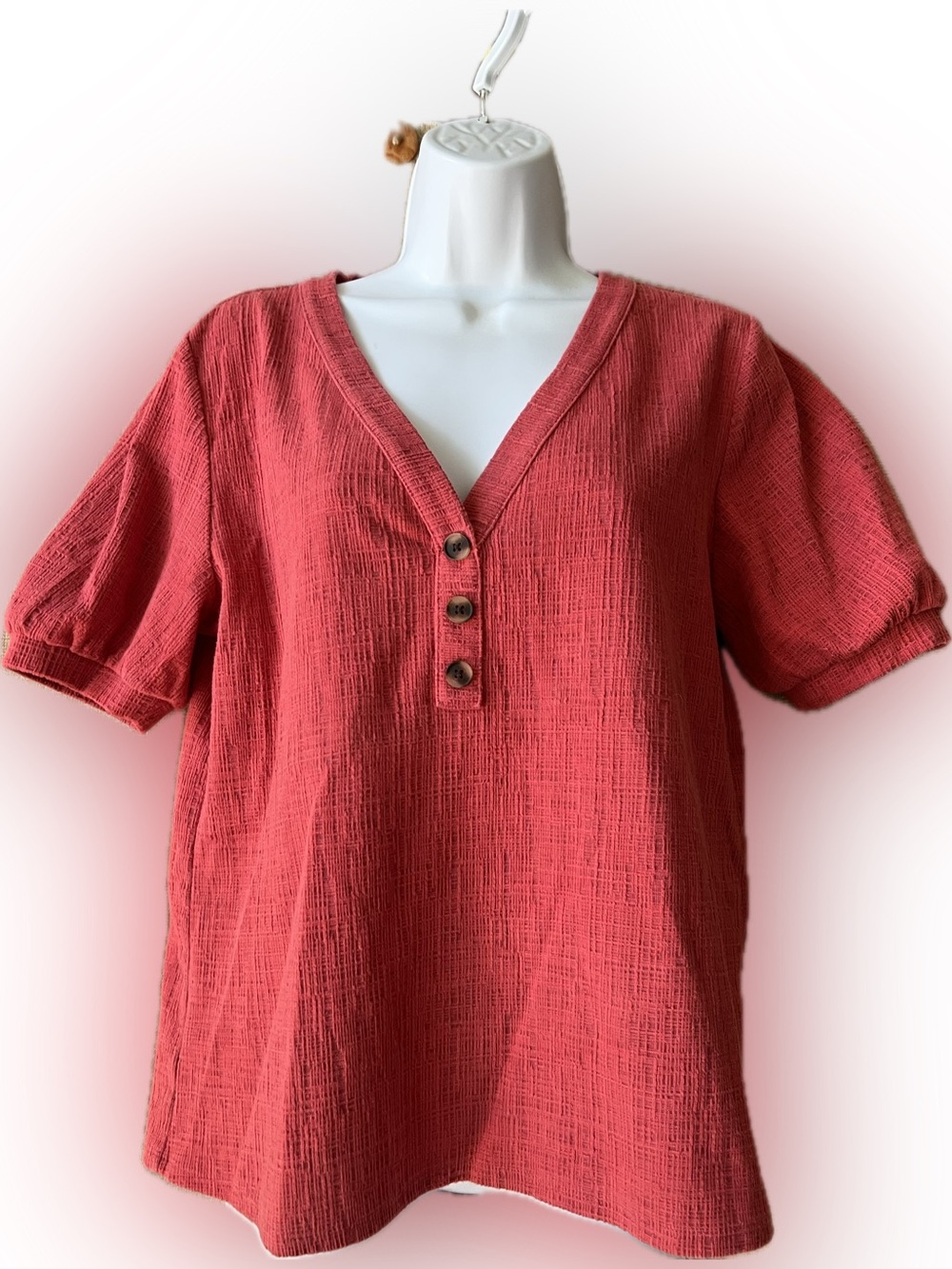 Loft outlet short puff sleeved Henley style top Like New! M deep rose